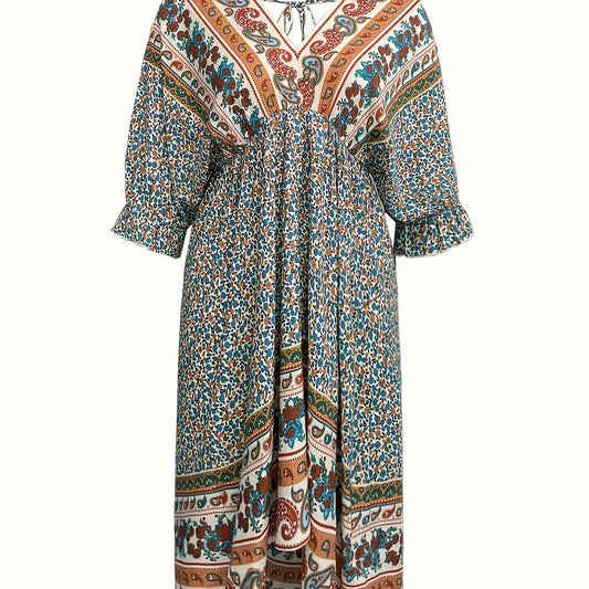  Paisley Floral Print V Neck Maxi Dress