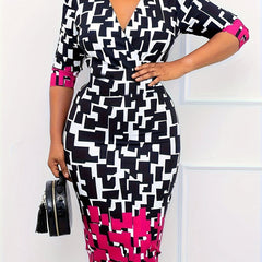  Colorblock Geometric Print Bodycon Midi Dress