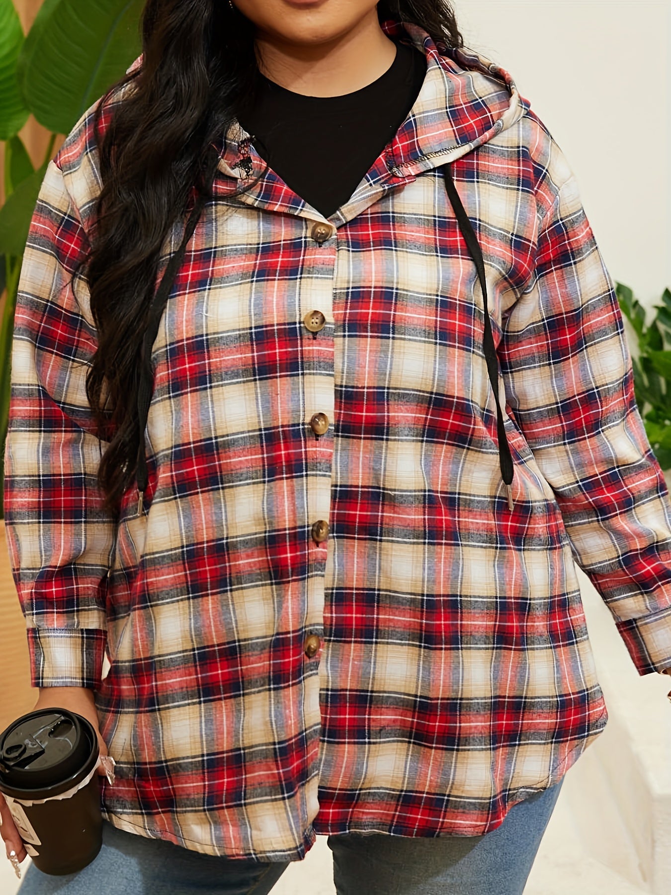  Plaid Print Hooded Drawstring Shirt