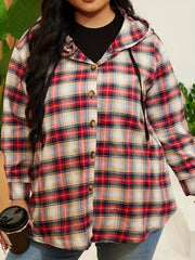  Plaid Print Hooded Drawstring Shirt