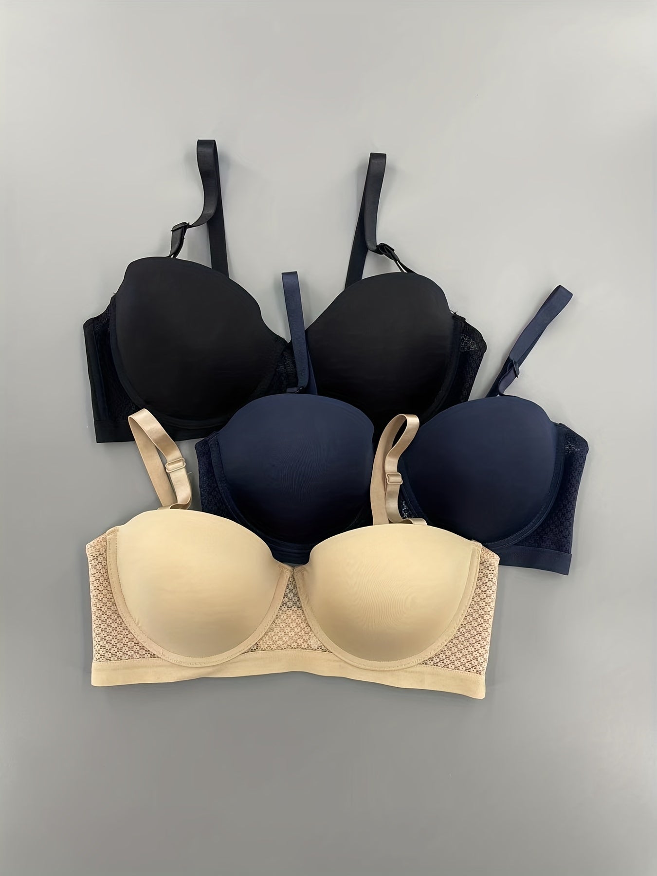 3 Pack Plus Size Strapless Push Up Removable Strap Bra Set