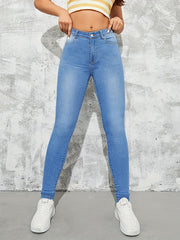 Dark High Waist Skinny Jeans Slim Fit Slash Pockets Stretchy Denim Pants