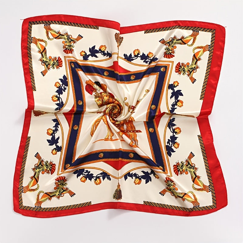 Square Satin Scarf Classic Horse Print Neckerchief Shawl Bandana