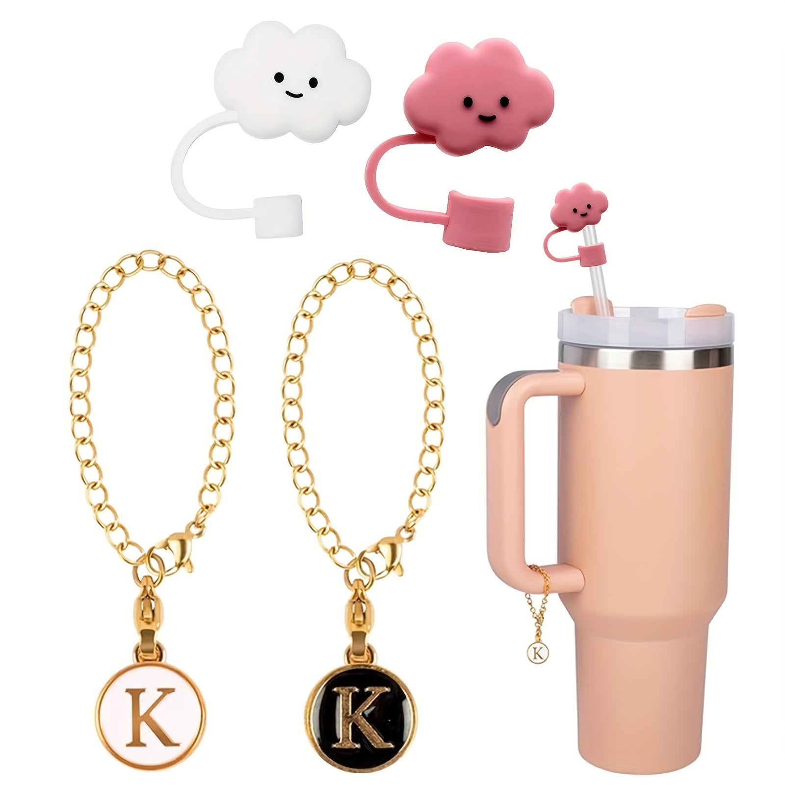2pcs Round Letter Pendant for Cup Handle + 2pcs Dustproof Straw Covers