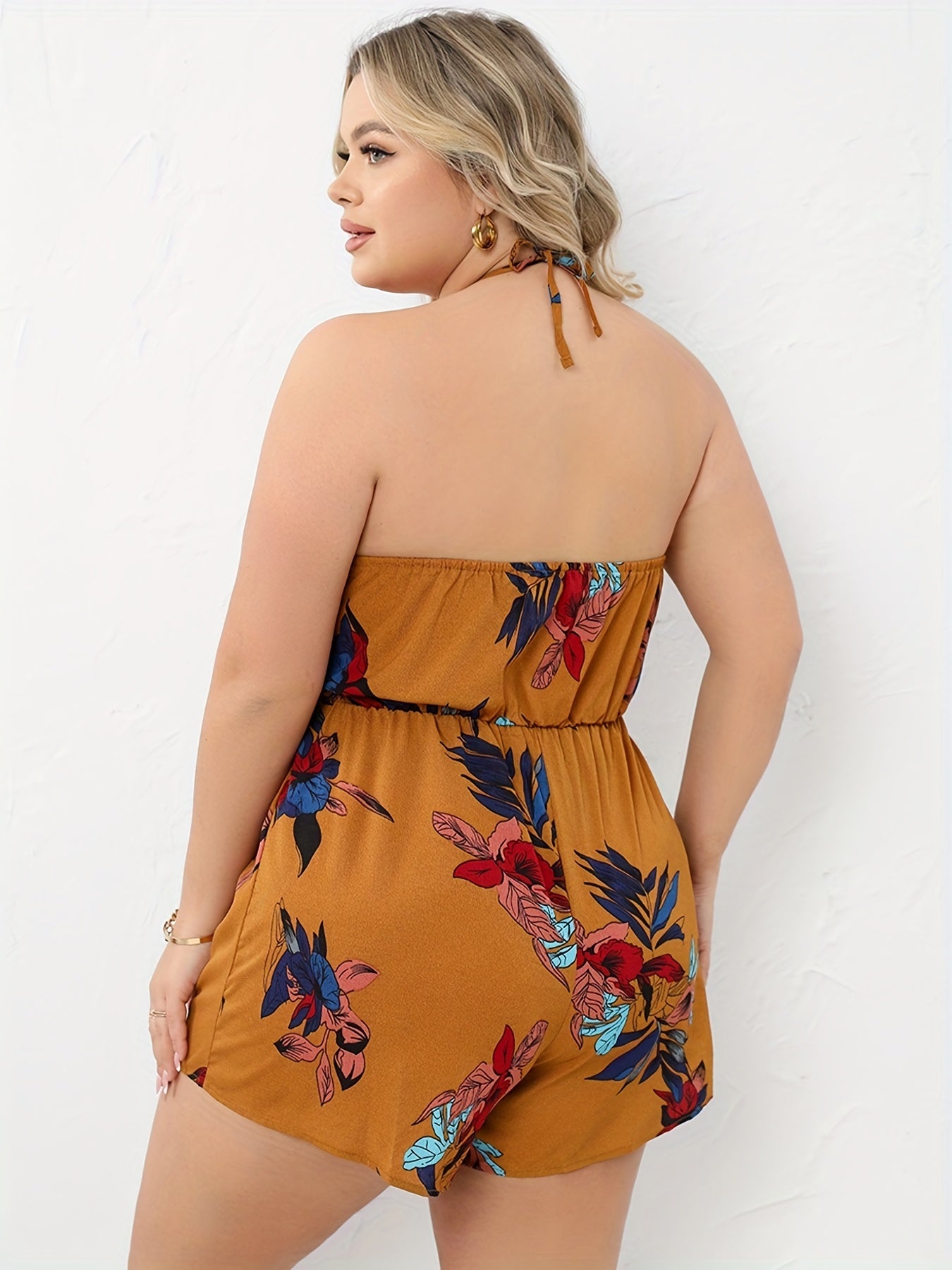 Leaf Print Halter Neck Backless Drawstring Romper
