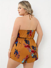  Leaf Print Halter Neck Backless Drawstring Romper