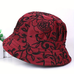 Vintage Rose Embroidery Bucket Hat Solid Short Brim Basin Hat UV Protection