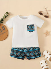 2pcs Boys Casual Set Toddlers Short Sleeve T shirt & Ethnic Geometrical Graphic