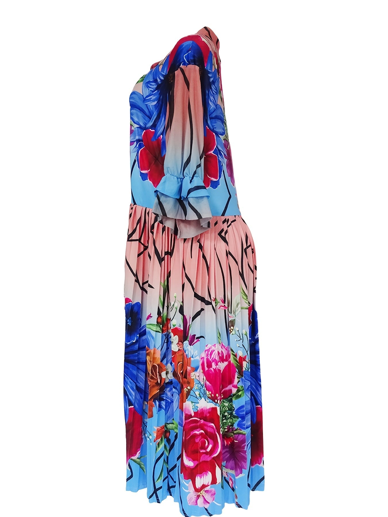 Floral Print Bow Tie Half Sleeve Midi Dress Women's Plus Size