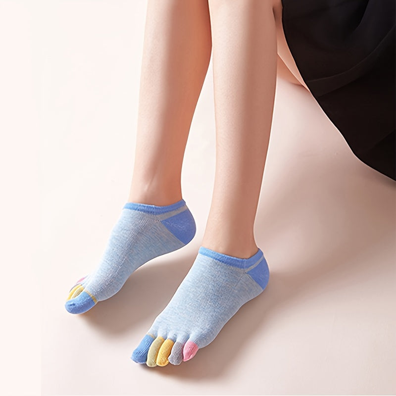 5 Pairs Colorblock Five Finger Socks Soft & Lightweight Low Cut Ankle Socks