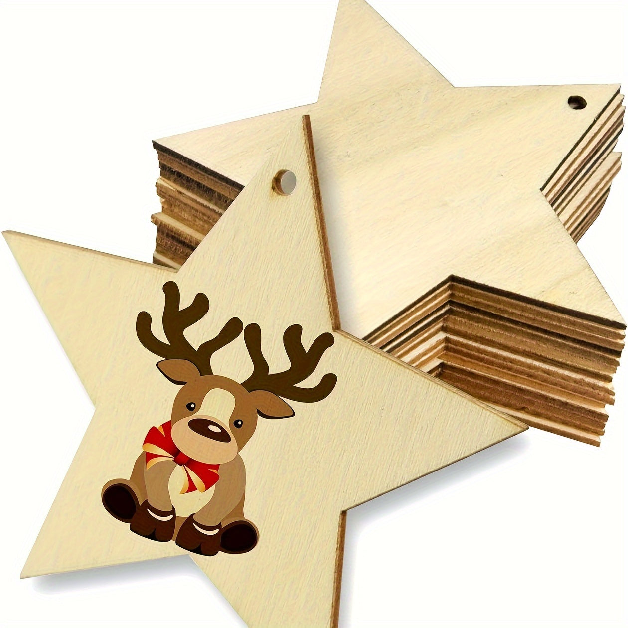 10pcs Natural Wooden Star Hollow Decoration with Hemp Rope for DIY Craft