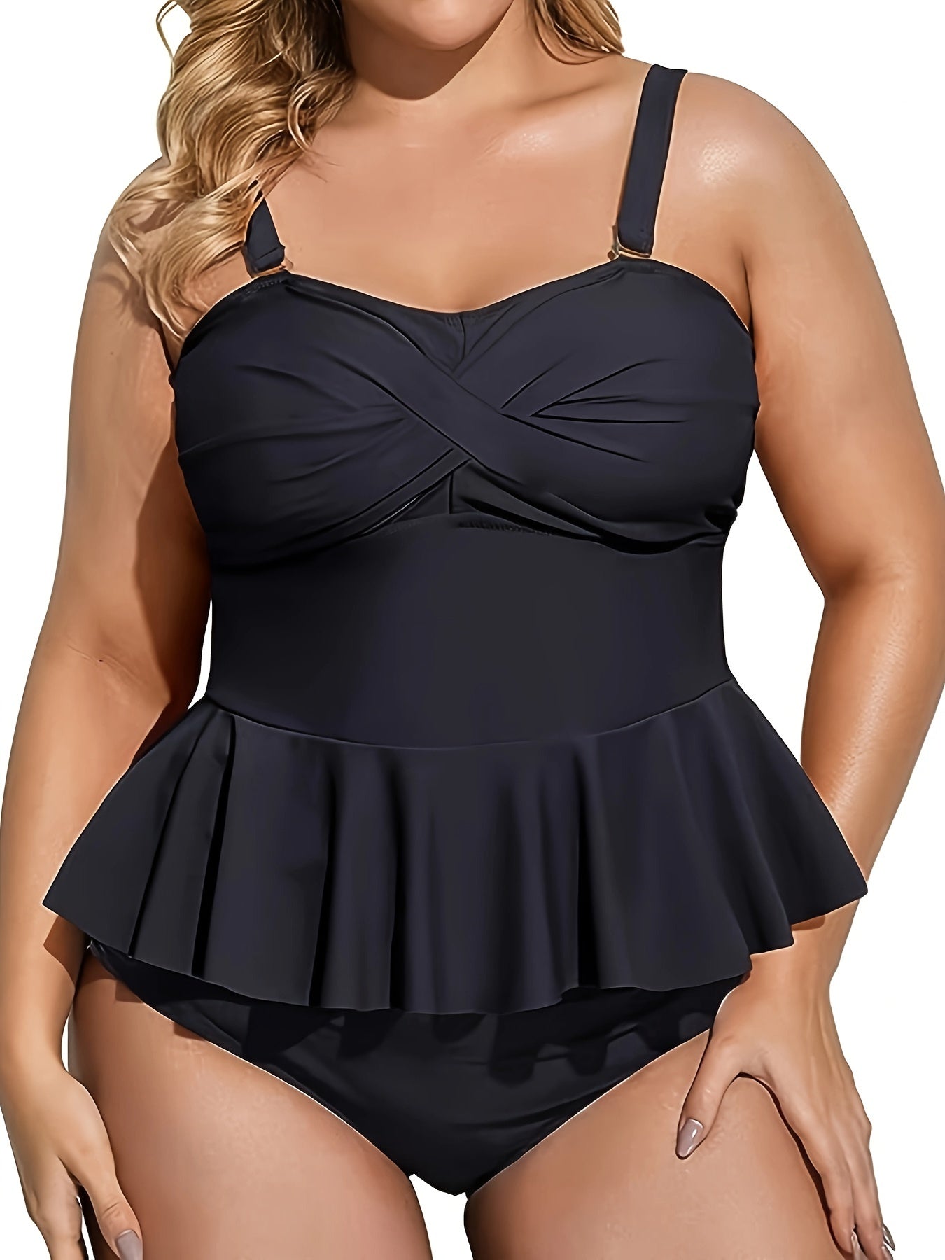  Tankini Set Cross Front Ruffle Trim Top & Ruched Panty Swimsuit