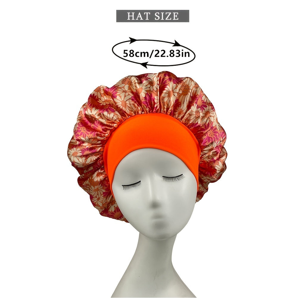 Milk Silk Wide Brim Bonnet Daisy Printed Satin Ladies Hair Cap