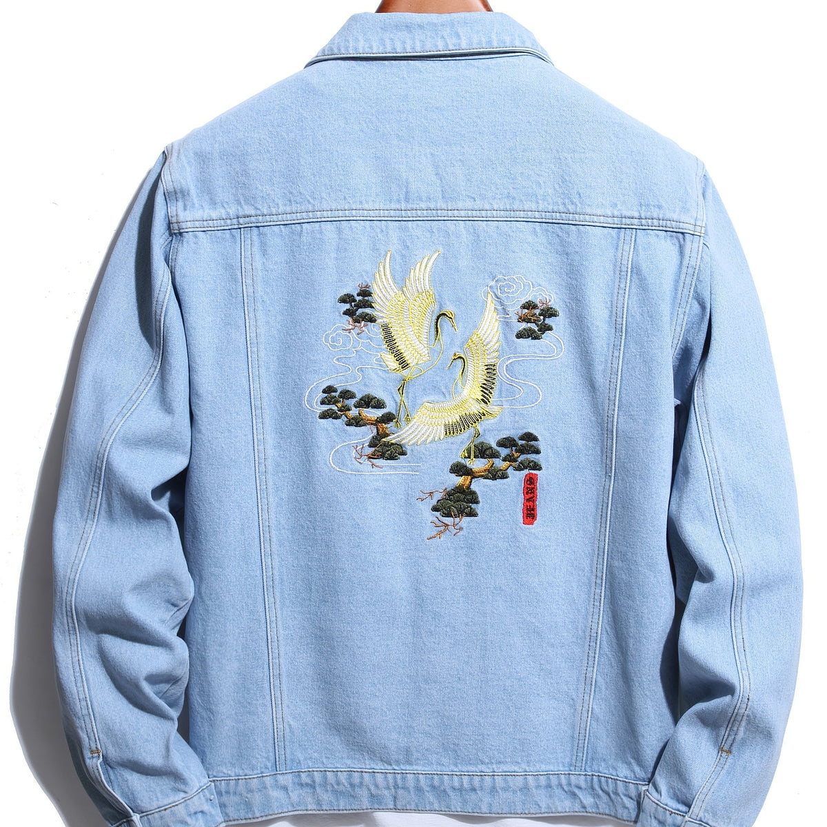Men's Casual Crane Embroidered Denim Jacket