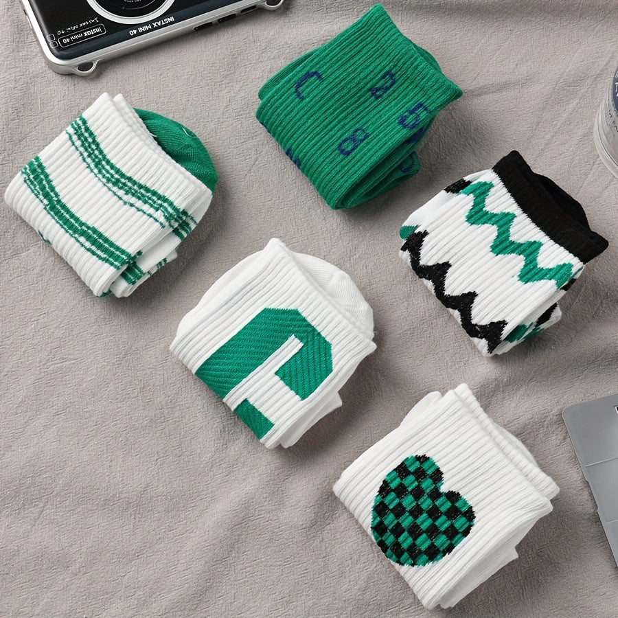 5 Pairs Letter & Heart Print Socks Mid Tube Women's Stockings