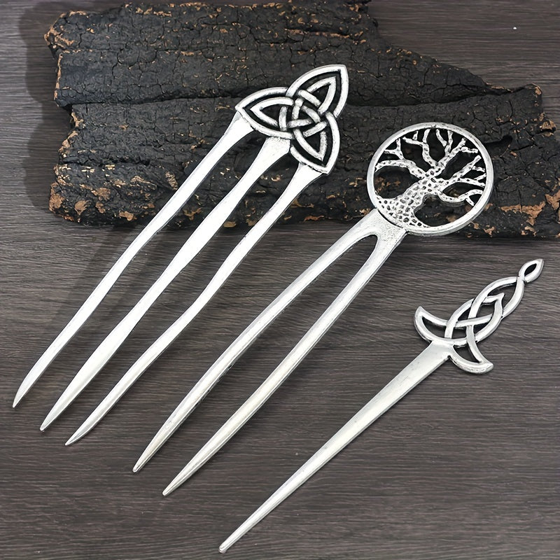 Vintage Viking Style Hairpin Tree Of Life Hairpin Celtic Knot Crescent Moon Silv