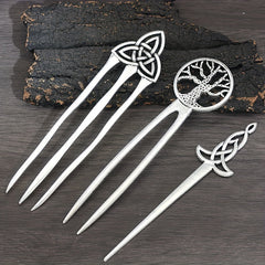 Vintage Viking Style Hairpin Tree Of Life Hairpin Celtic Knot Crescent Moon Silv