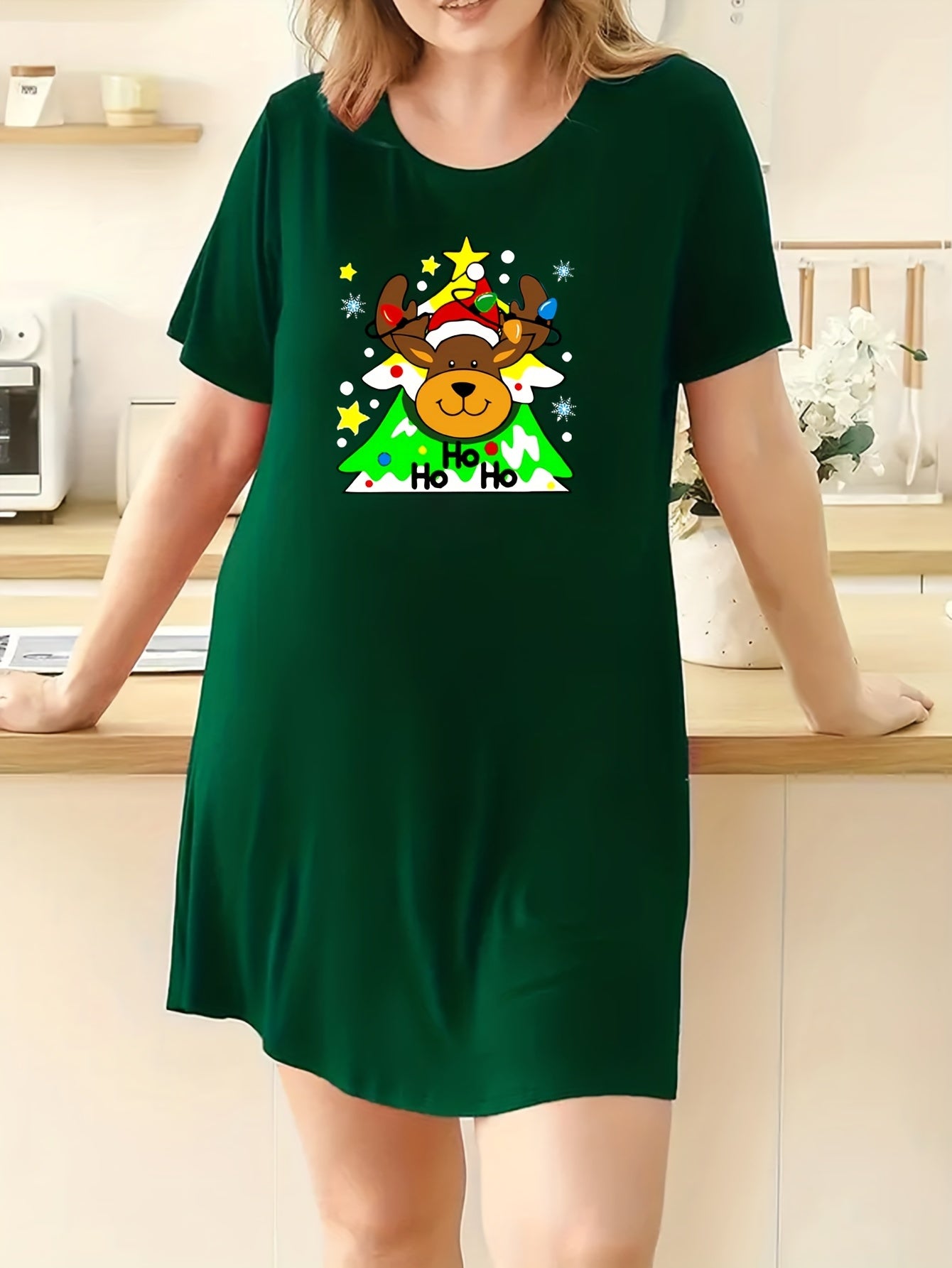  Christmas Lounge Dress Cartoon Deer Print Short Sleeve Nightdress
