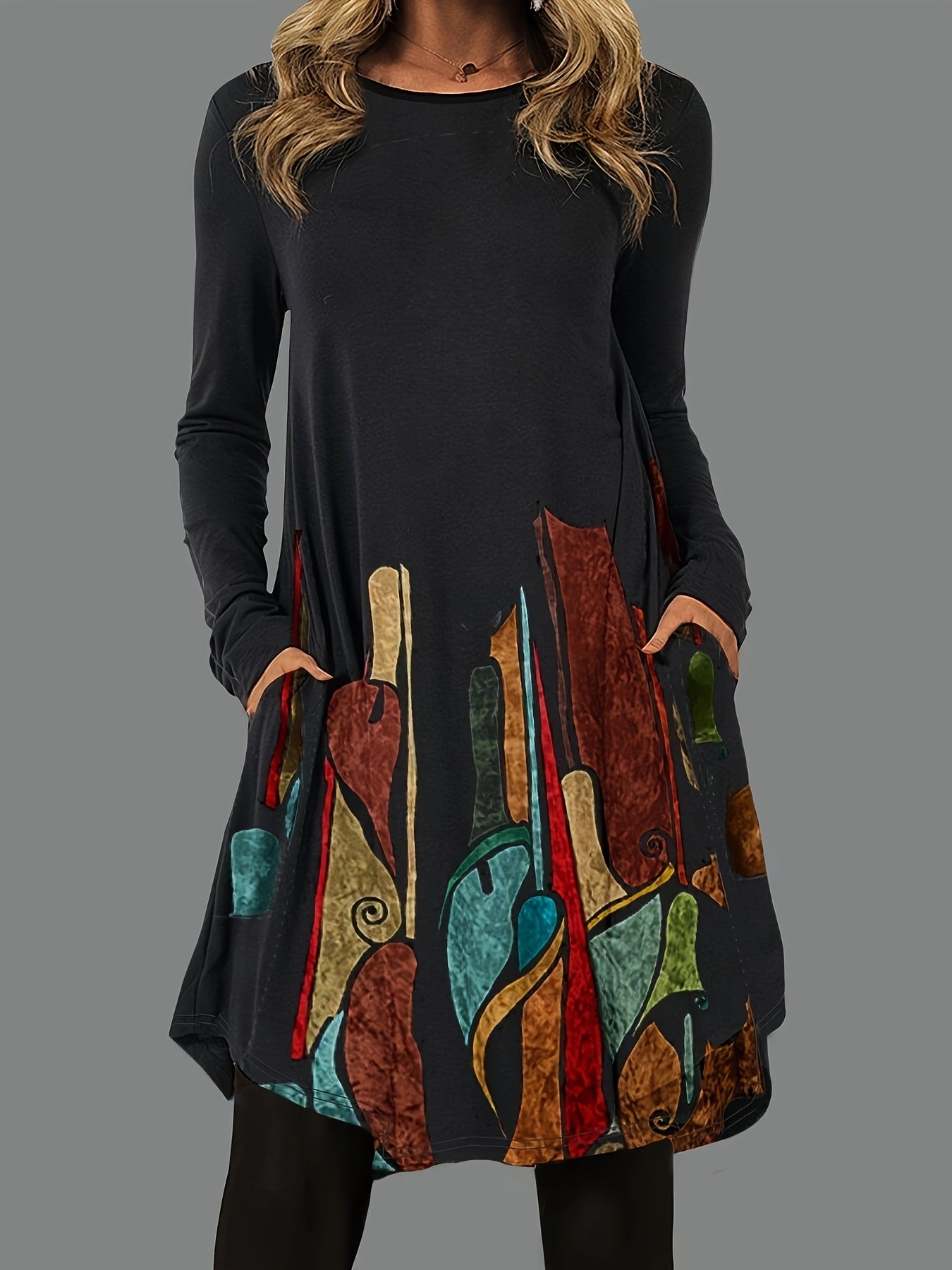  Women's Graphic Print Long Sleeve Dress With Pockets