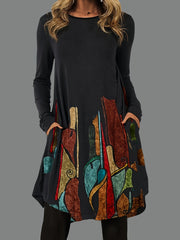  Women's Graphic Print Long Sleeve Dress With Pockets