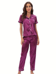 Satin Pajama Set Short Sleeve & Elastic Waistband Pants Women's Sleepwear
