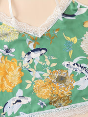 Floral Print Pajama Set V Neck Cami Top & Lace Trim Shorts