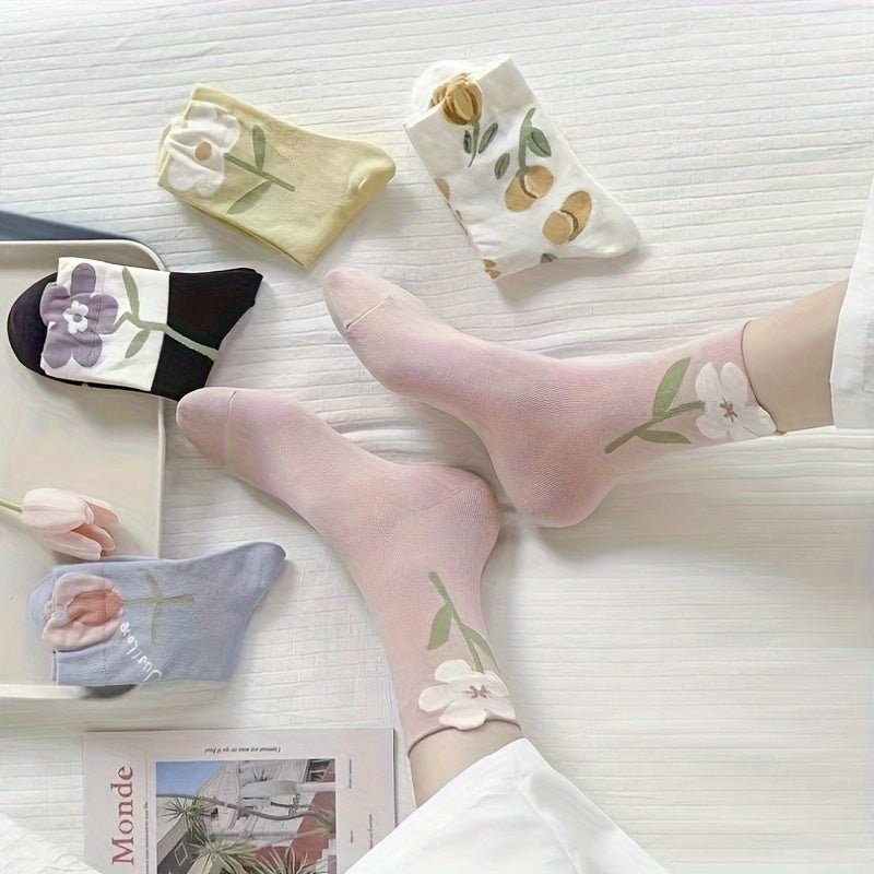 5 Pairs Floral Print Women's Mid Tube Socks