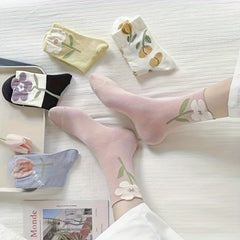 5 Pairs Floral Print Women's Mid Tube Socks