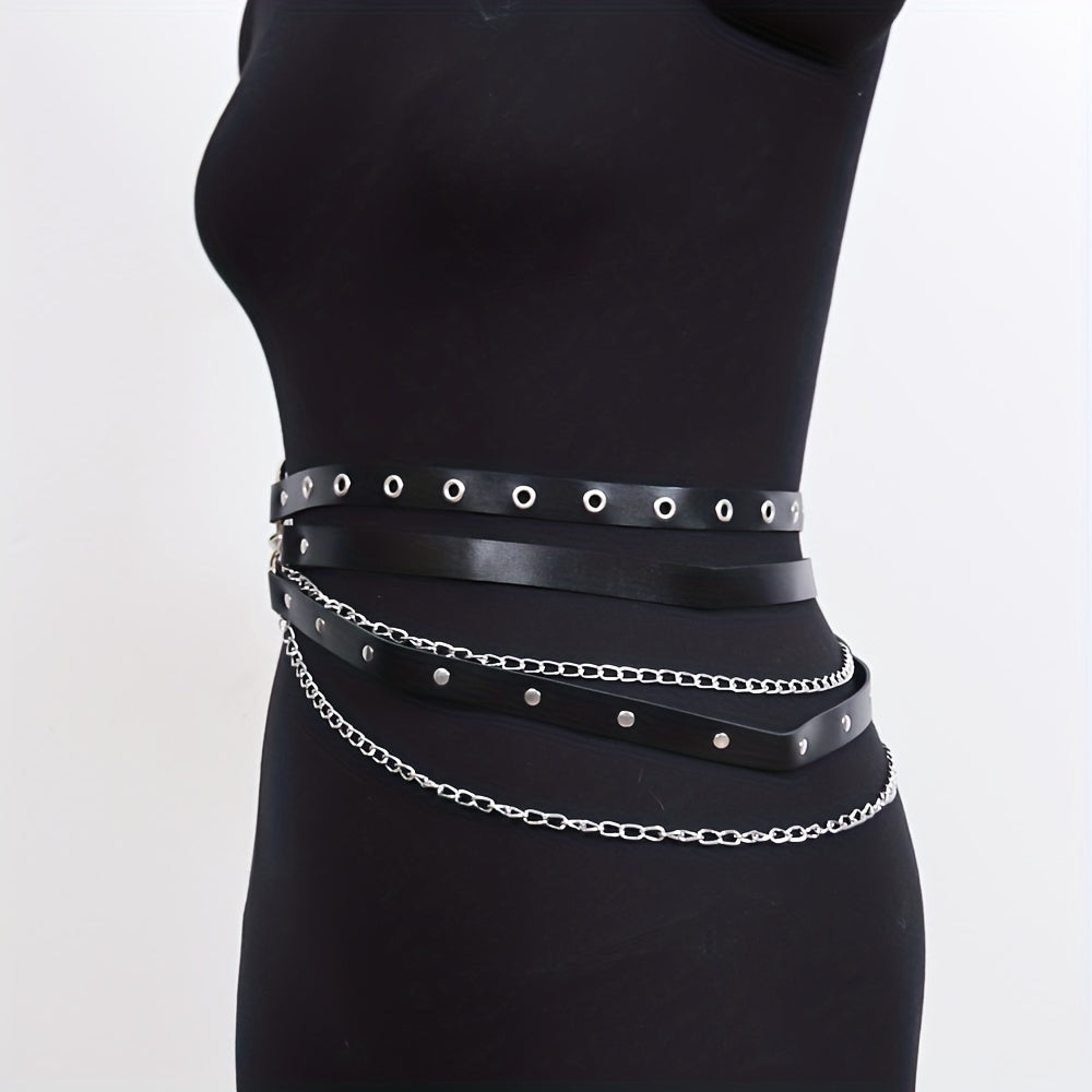 Vintage Punk PU Wide Belt Gothic Chain Adjustable Harness Belt Women
