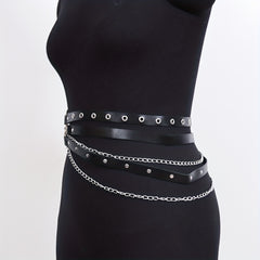 Vintage Punk PU Wide Belt Gothic Chain Adjustable Harness Belt Women