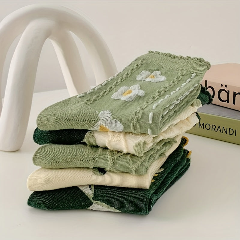 5 Pairs Floral Print Socks Sweet Women's Stockings