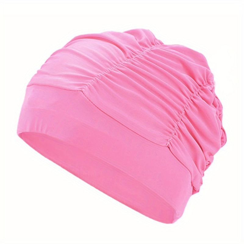 Ruched Solid Swim Cap Elastic Nylon Batch Cap for Women