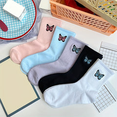 5 Pairs Butterfly Embroidery Socks Mid Tube Stockings