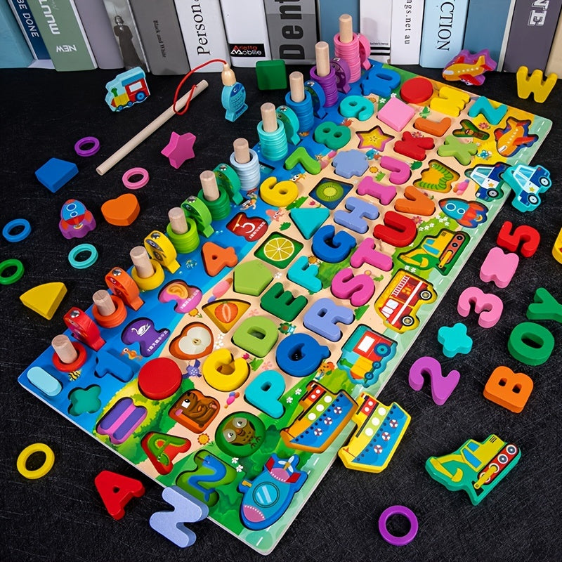 Montessori Wooden Preschool Math Toy Traffic Fishing Busy Board