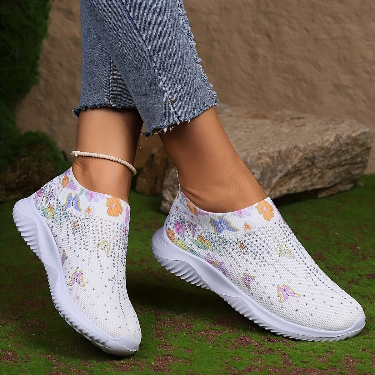 Floral Butterfly Pattern Sneakers Low Top Slip On Knit Sock Shoes
