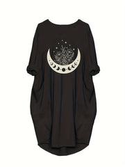 Women's Plus Moon & Sun Print Roll Up Sleeve Round Neck Dress
