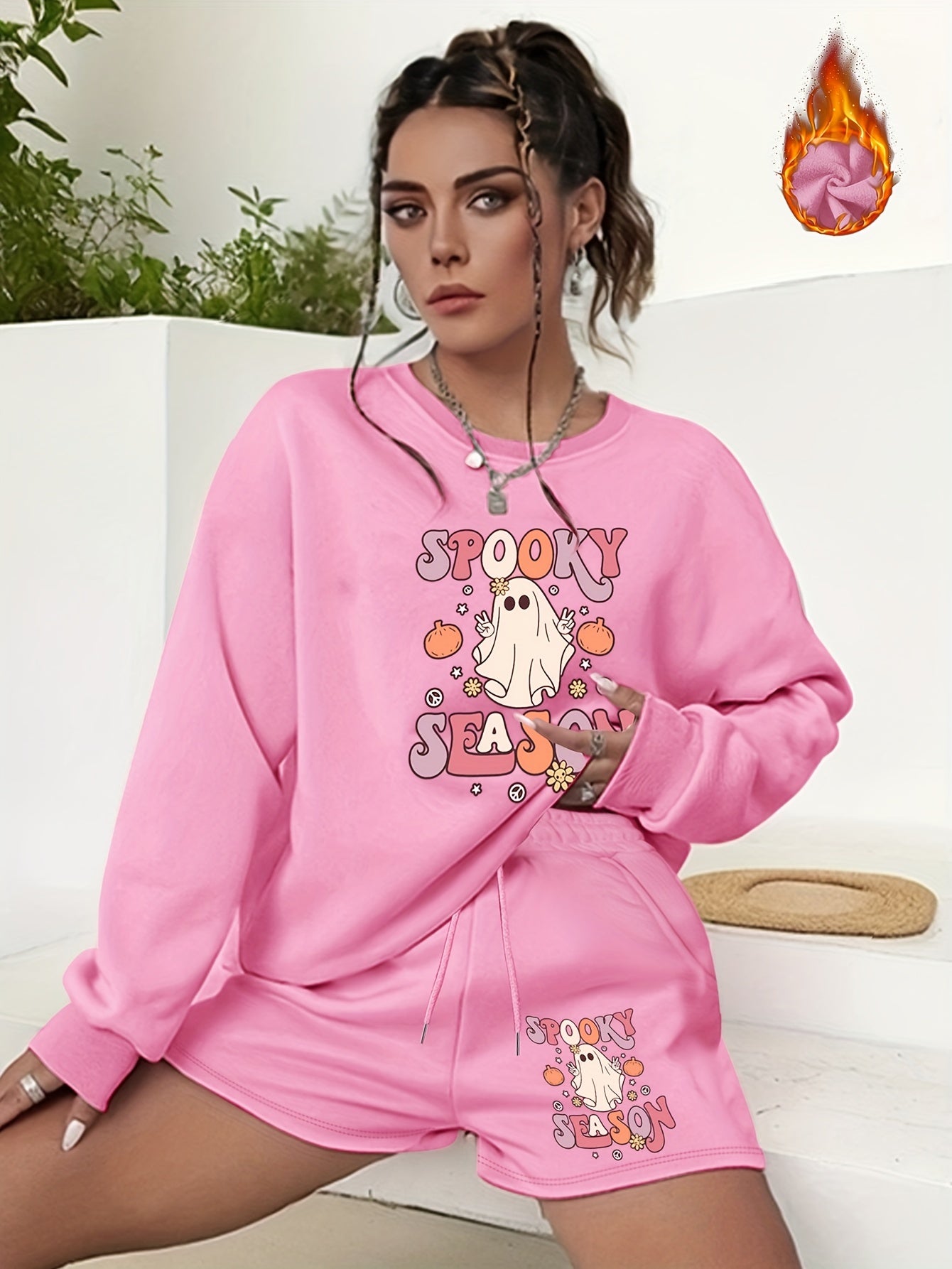  Halloween Graphic Print Sweatshirt & Shorts 2pcs Set