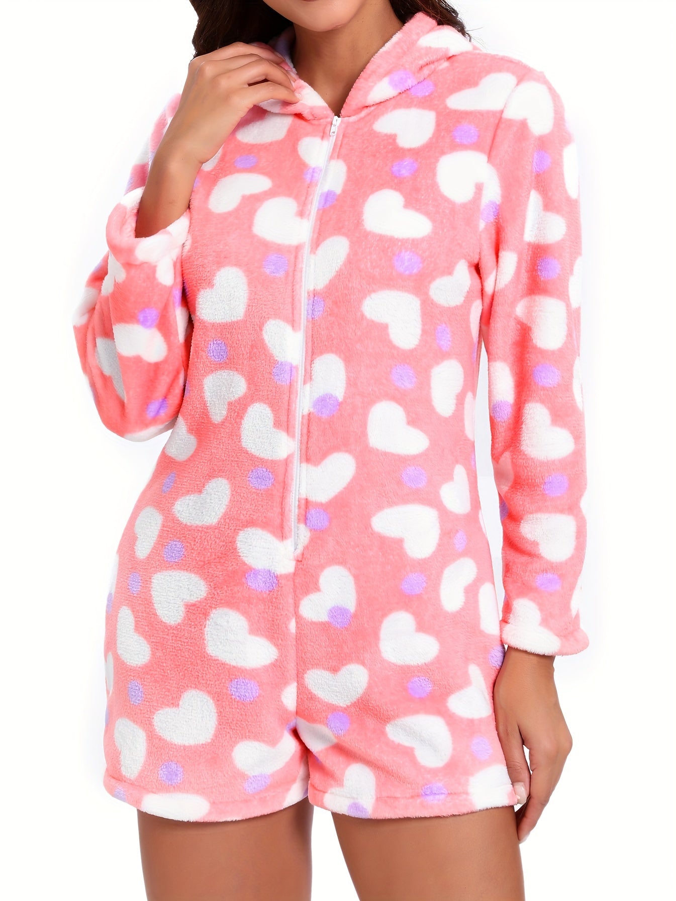 Heart Print Hooded Romper Women's Loungewear