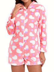Heart Print Hooded Romper Women's Loungewear
