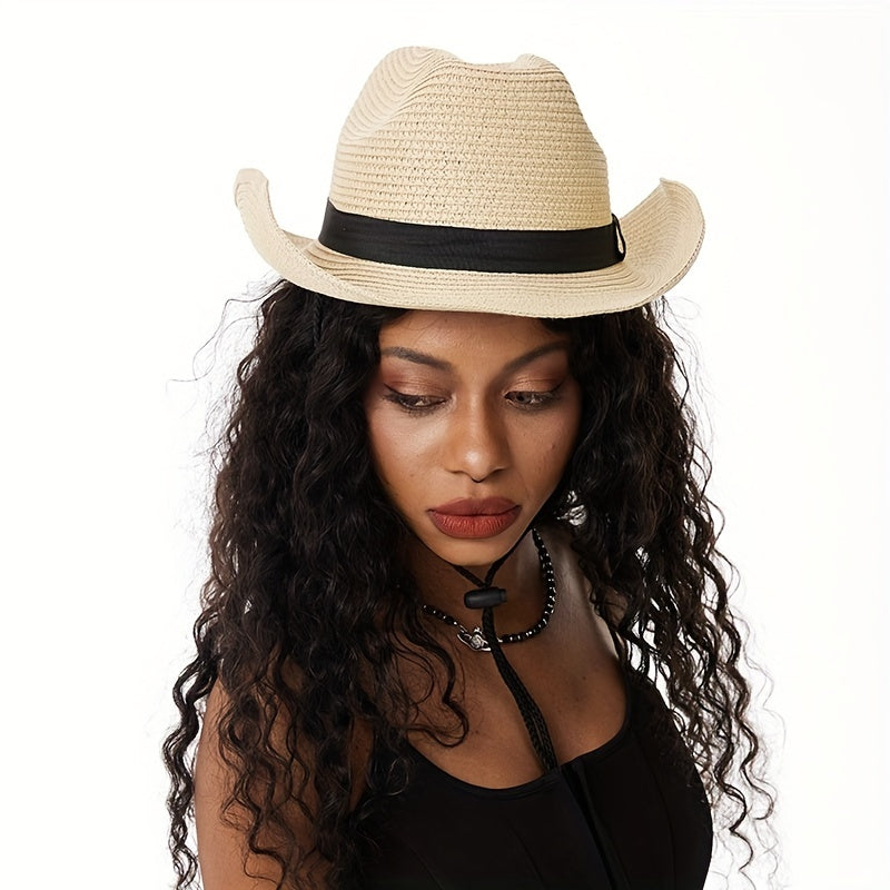 Unisex Western Cowboy Straw Hat Rolled Brim Sunscreen Sun Hat