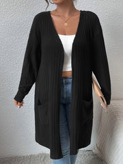  Solid Ribbed Open Front Cardigan With Pockets
