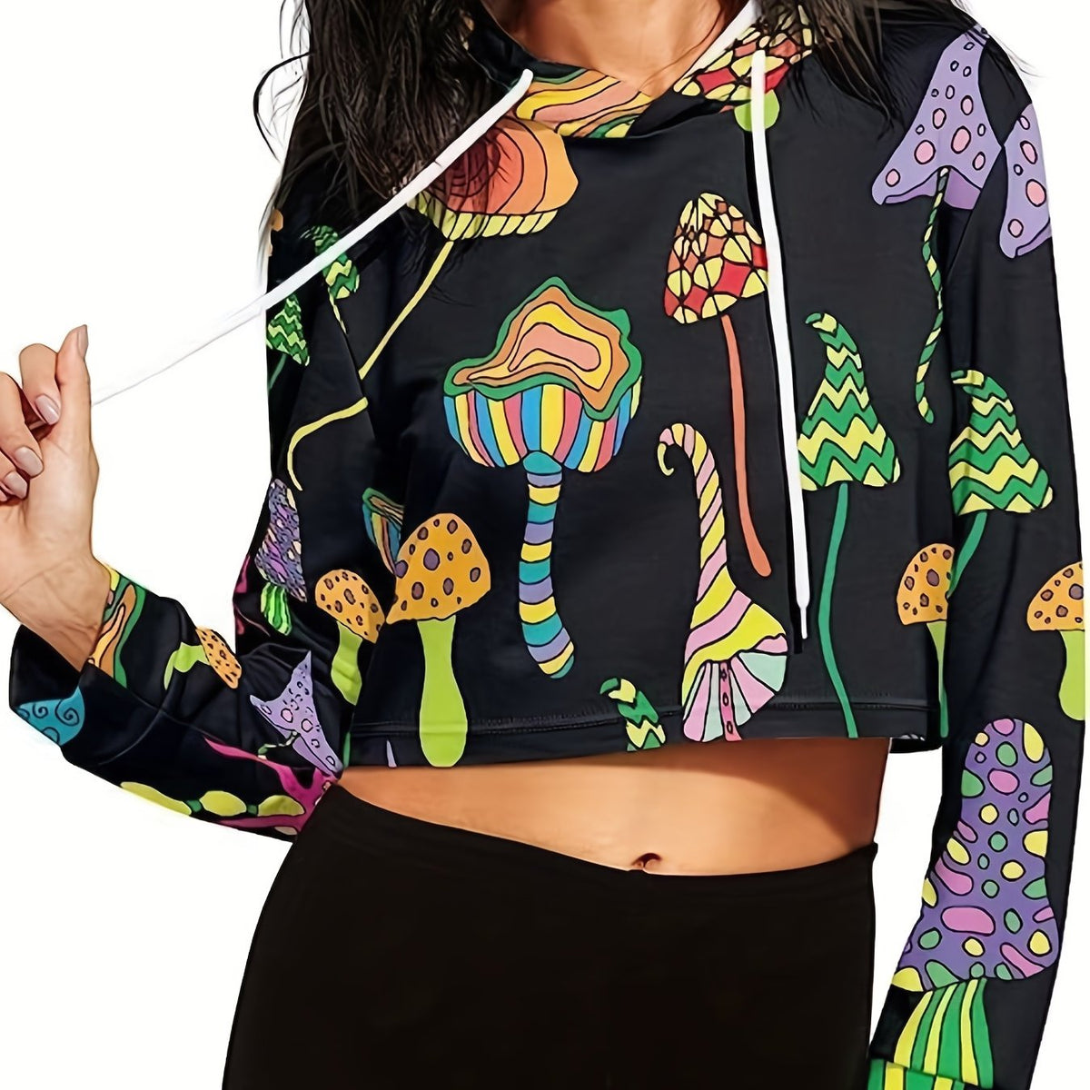Women's Cropped Long Sleeve Mushroom Print Hoodie