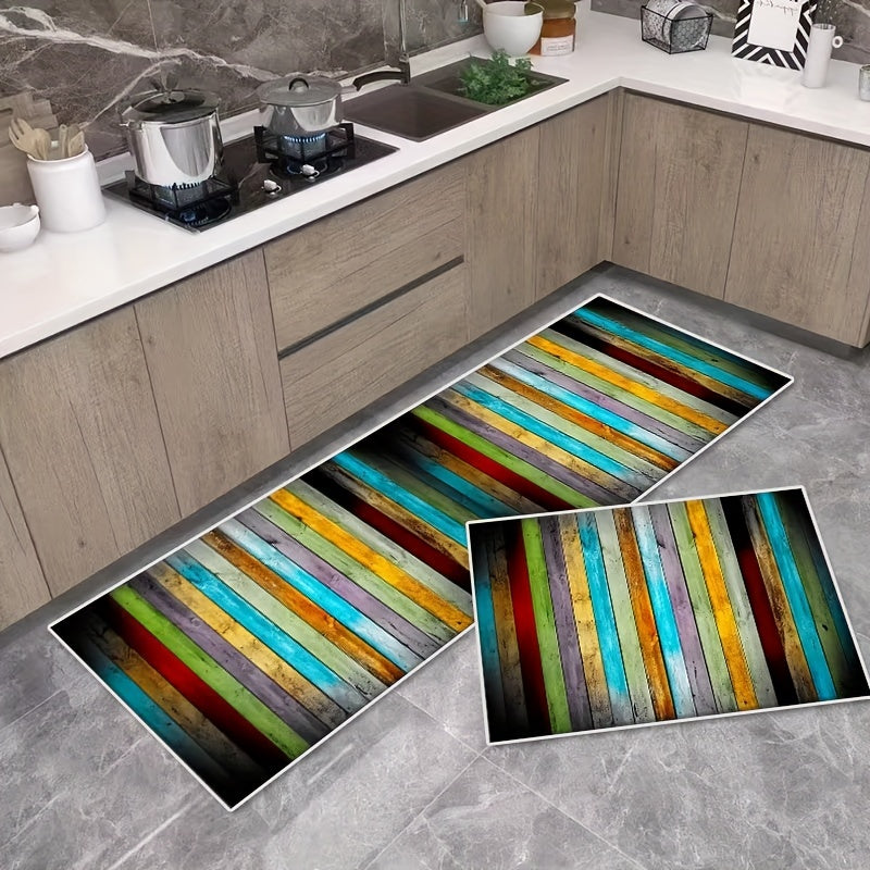 2pcs Vintage Wooden Waterproof Non Slip Kitchen Rug Set