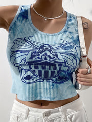 Graphic Print Ribbed Tank Top Y2K Crew Neck Summer Sleeveless Top Women's