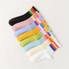 8 Pairs Colorful Stripe Print Ribbed Socks Women's Stockings