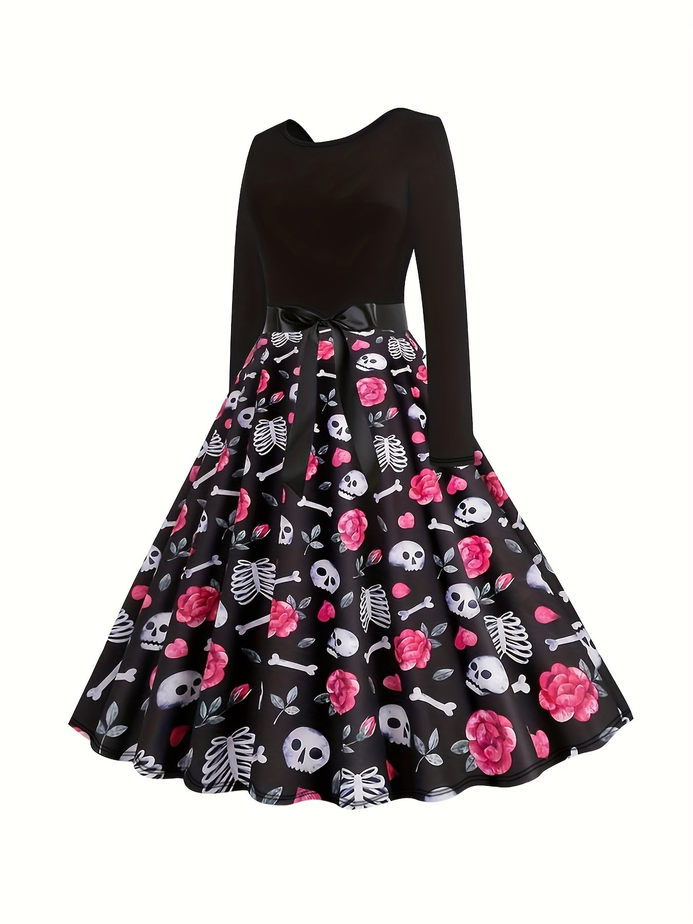  Colorblock Skull Print Long Sleeve Dress