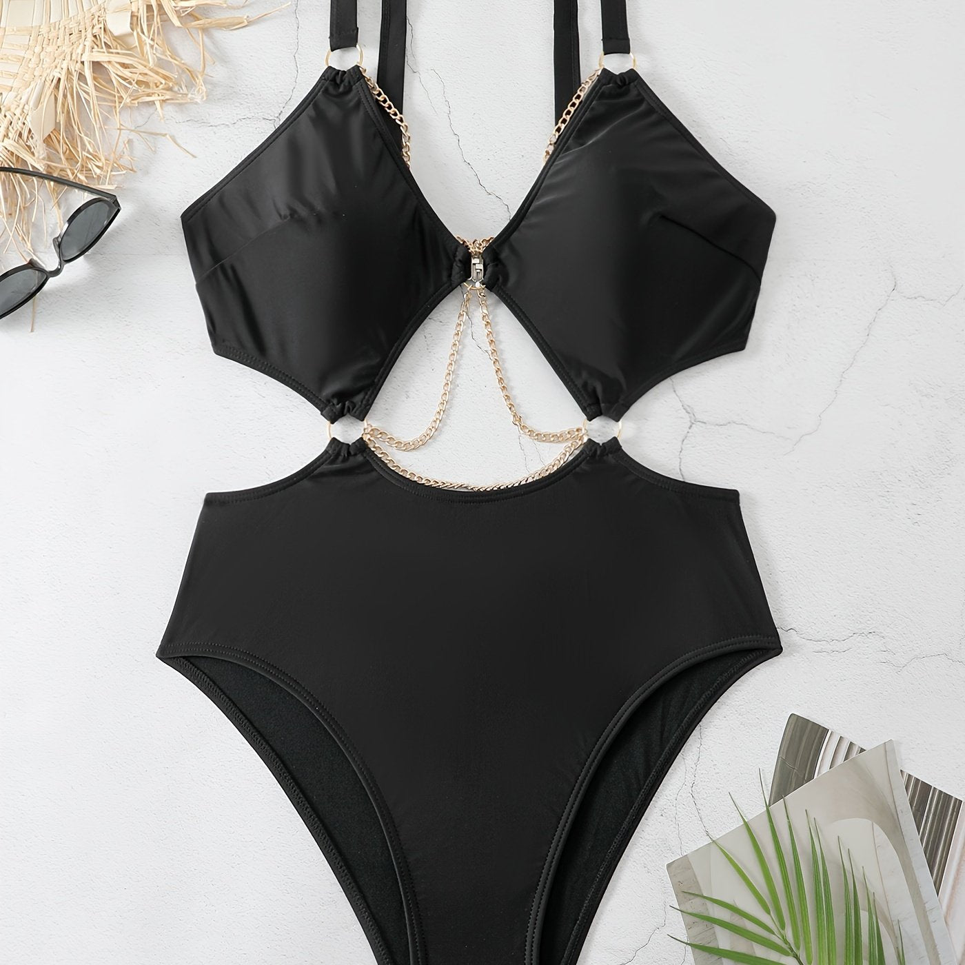 Sexy Swimsuit Solid Chain One Piece Bathing Suit