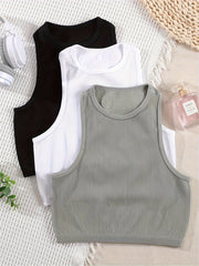3pcs Solid Ribbed Lounge Tops Crew Neck Tank Top