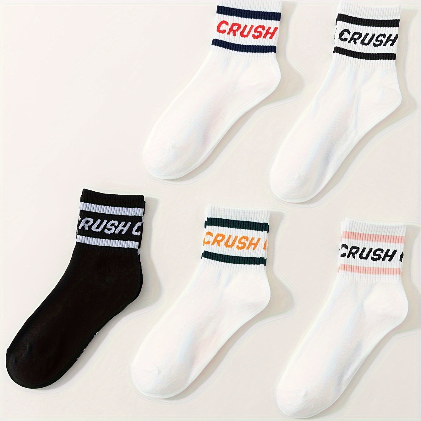 5 Pairs Plus Size Casual Crew Socks Set Women's Plus Striped & Letter Graphic