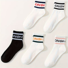 5 Pairs Plus Size Casual Crew Socks Set Women's Plus Striped & Letter Graphic